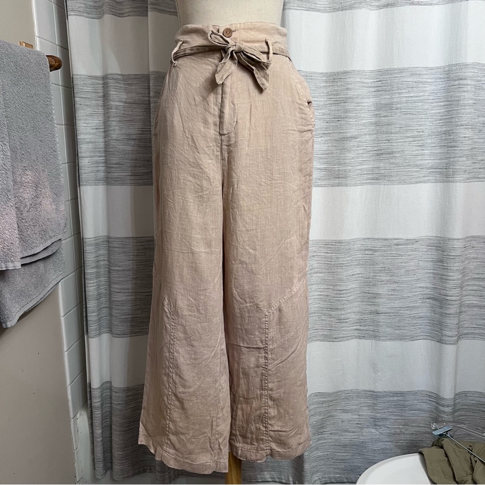 Nicole Miller Linen tan cropped wide leg pant